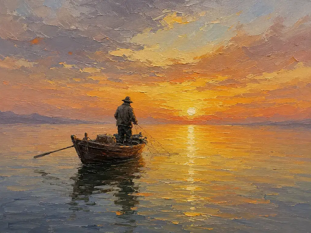 Fisherman at sunset · Oil on canvas · 70 × 50 cm
